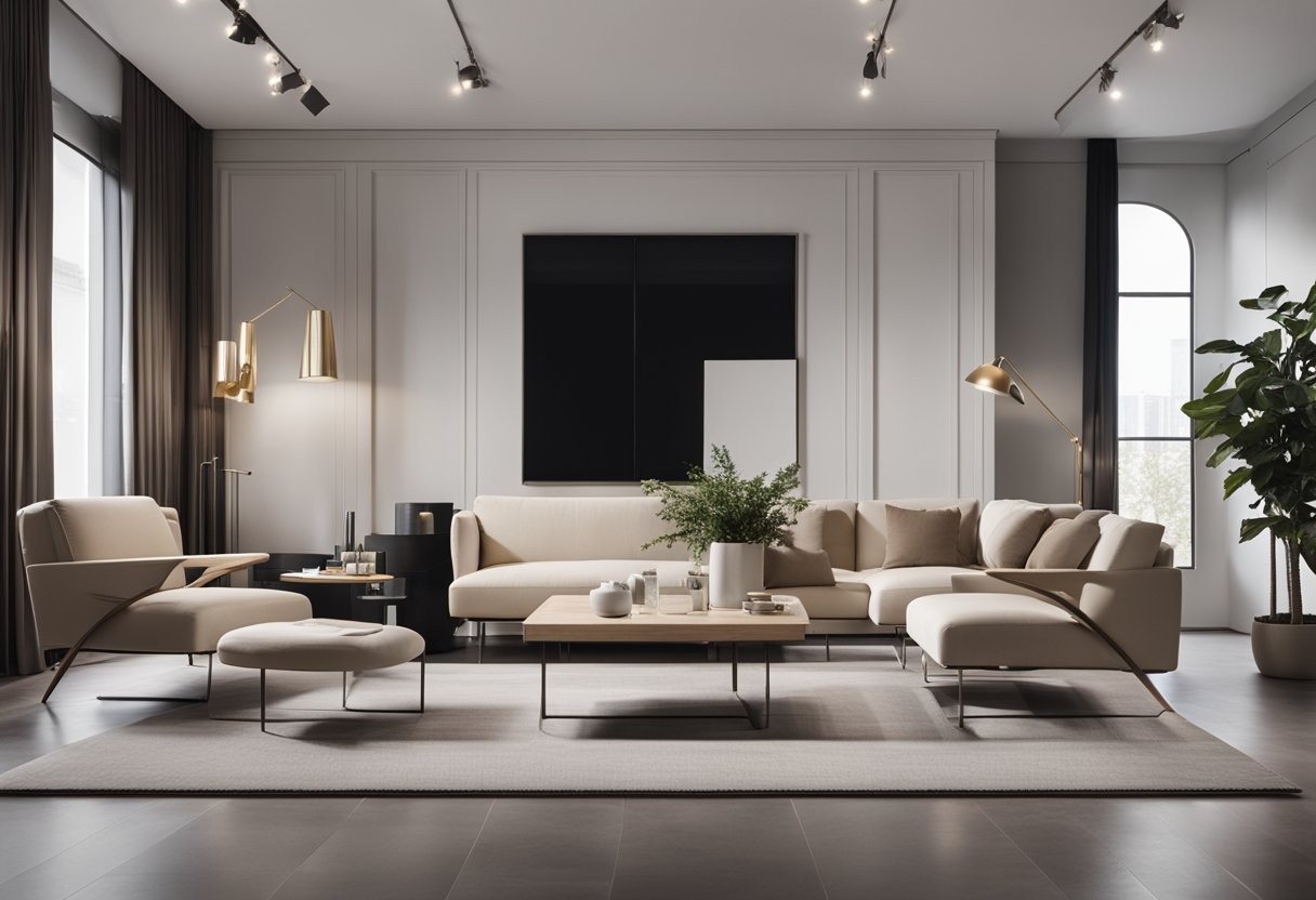 A sleek, modern furniture showroom with minimalist decor and bright lighting. Clean lines and neutral colors dominate the space, with stylish pieces arranged in a spacious layout
