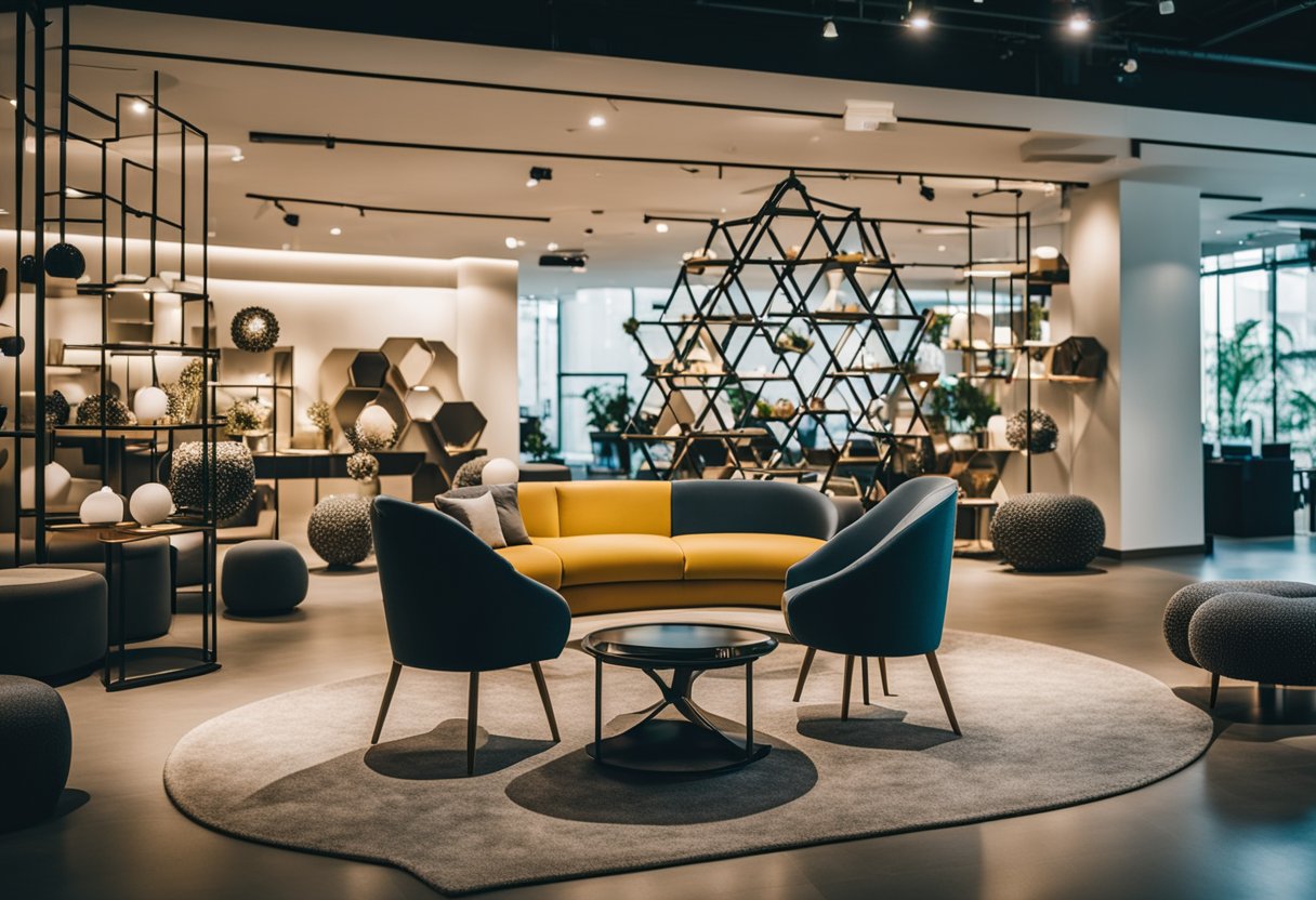 A molecule-shaped furniture display in a bustling Singapore showroom