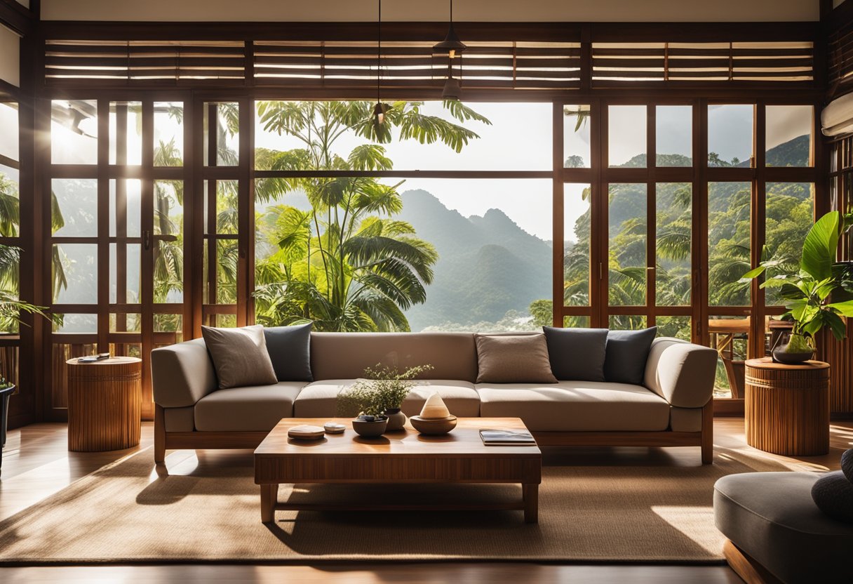 A cozy living room with Myanmar teak furniture in Singapore. Sunlight streams through the windows, casting warm, inviting shadows on the polished wood surfaces