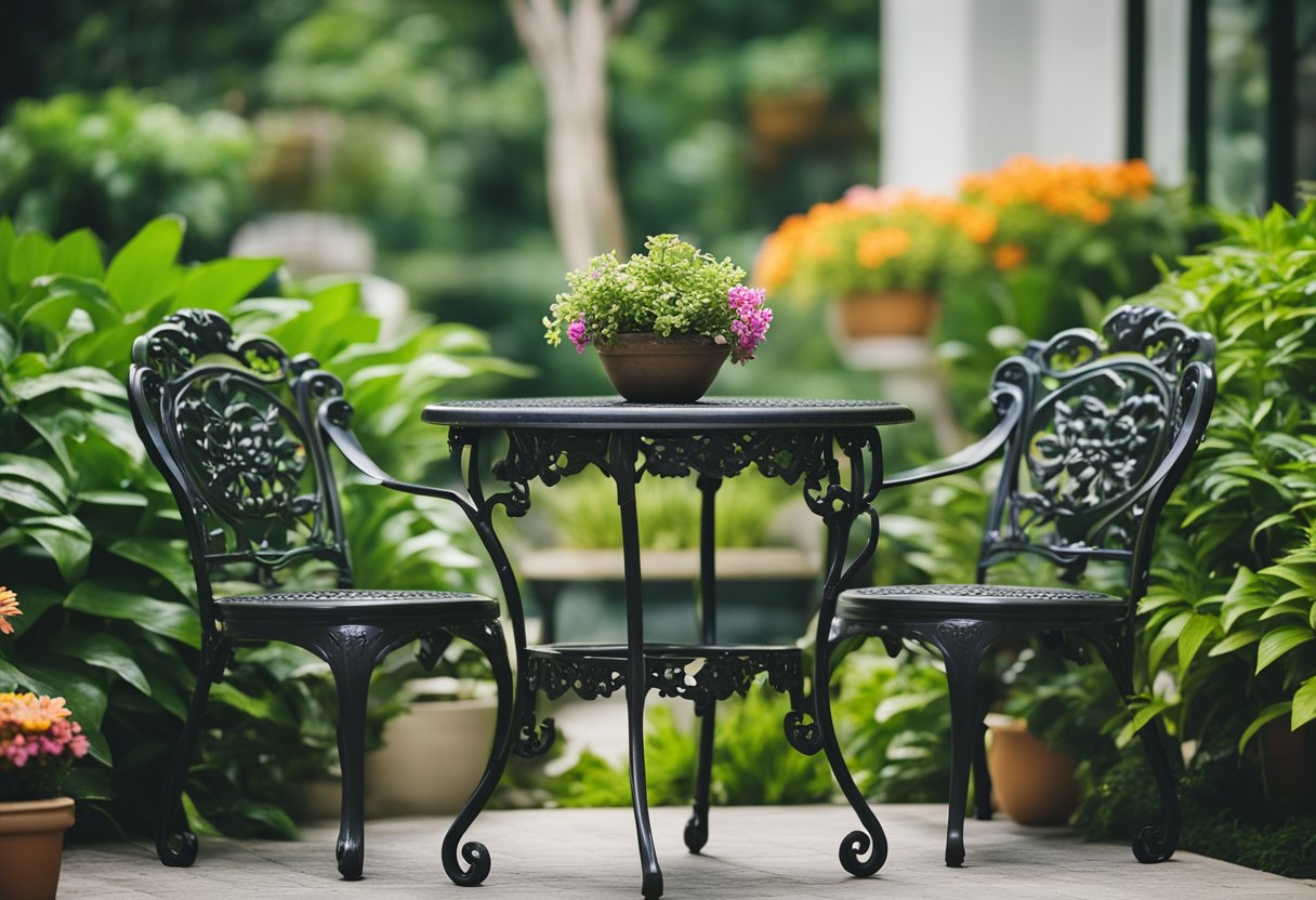 A cast iron garden table and chairs sit on a stone patio, surrounded by lush greenery and colorful flowers in Singapore