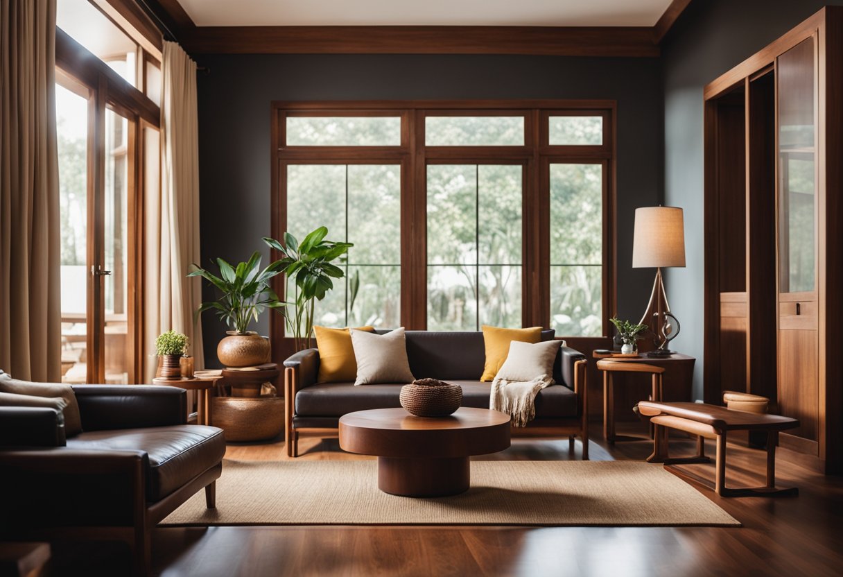 A cozy living room with rich, dark Myanmar teak furniture, bathed in warm natural light, showcasing the elegant and timeless beauty of the pieces
