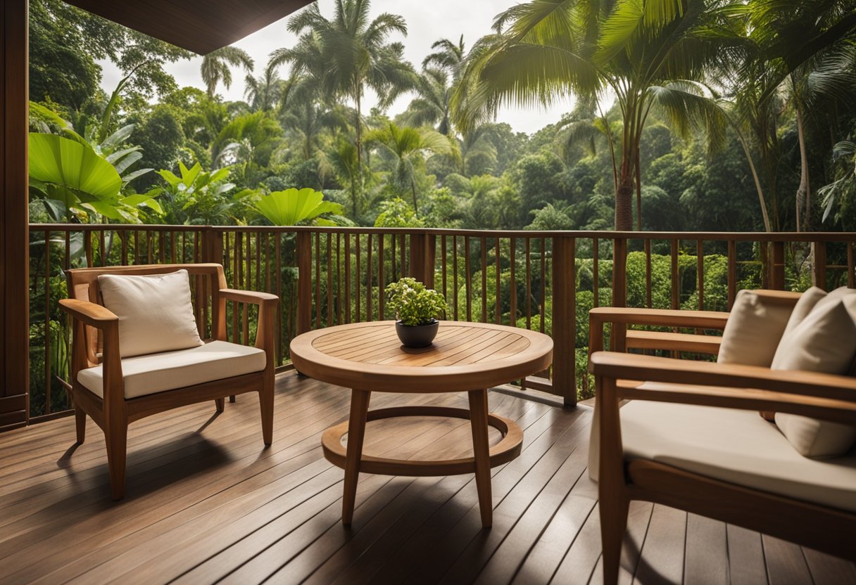 A teak furniture set sits on a balcony overlooking a lush garden in Singapore. The warm wood tones complement the tropical surroundings, creating a cozy and inviting outdoor space