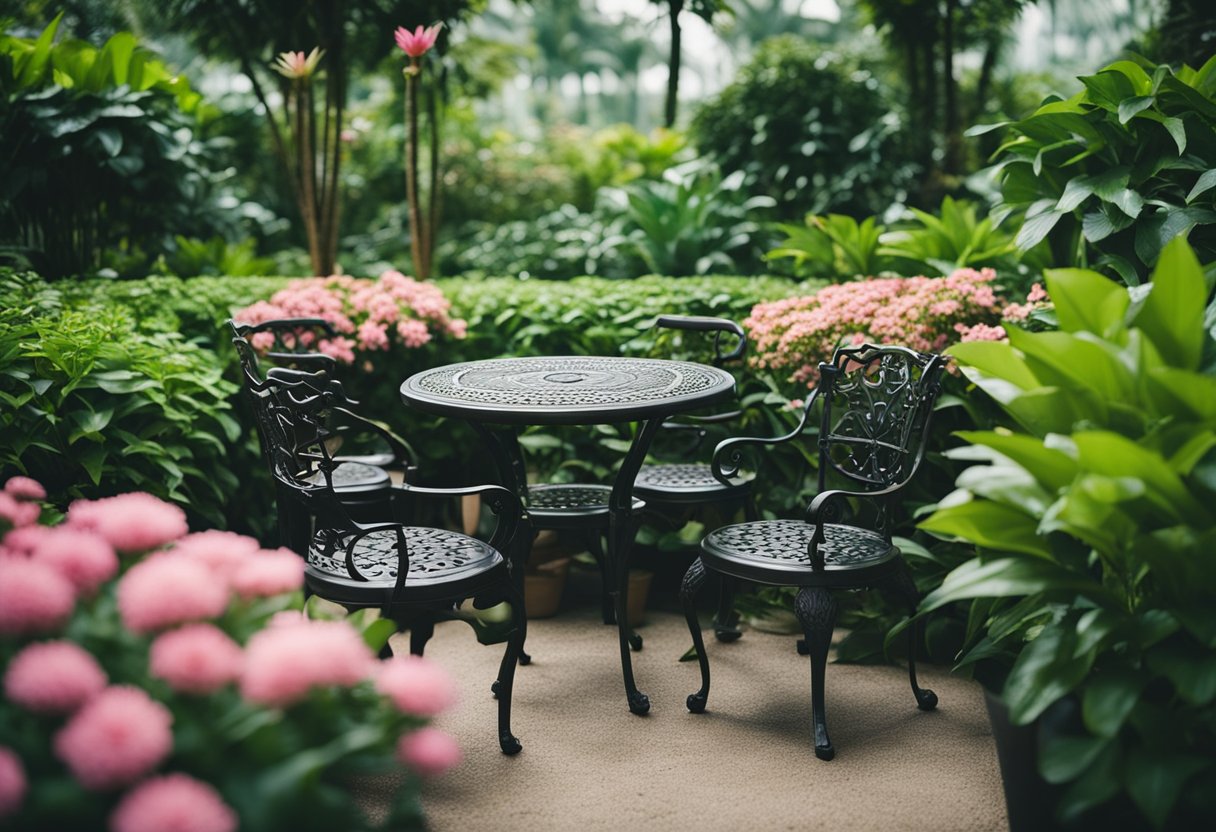 A lush garden in Singapore features elegant cast iron furniture, surrounded by vibrant flowers and lush greenery