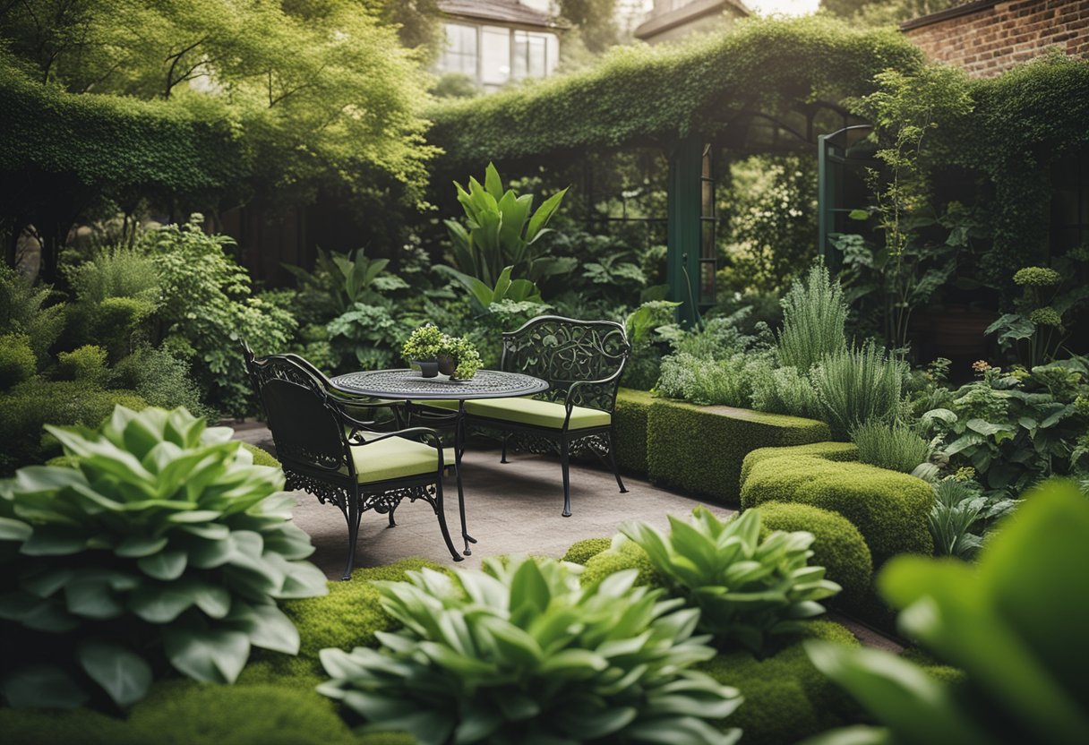 A lush garden with a cozy seating area featuring cast iron furniture, surrounded by sustainable plant choices