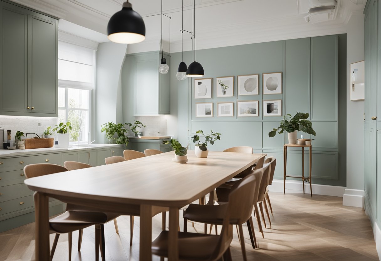 A room with a table, chairs, and cabinets being painted in a bright, clean space