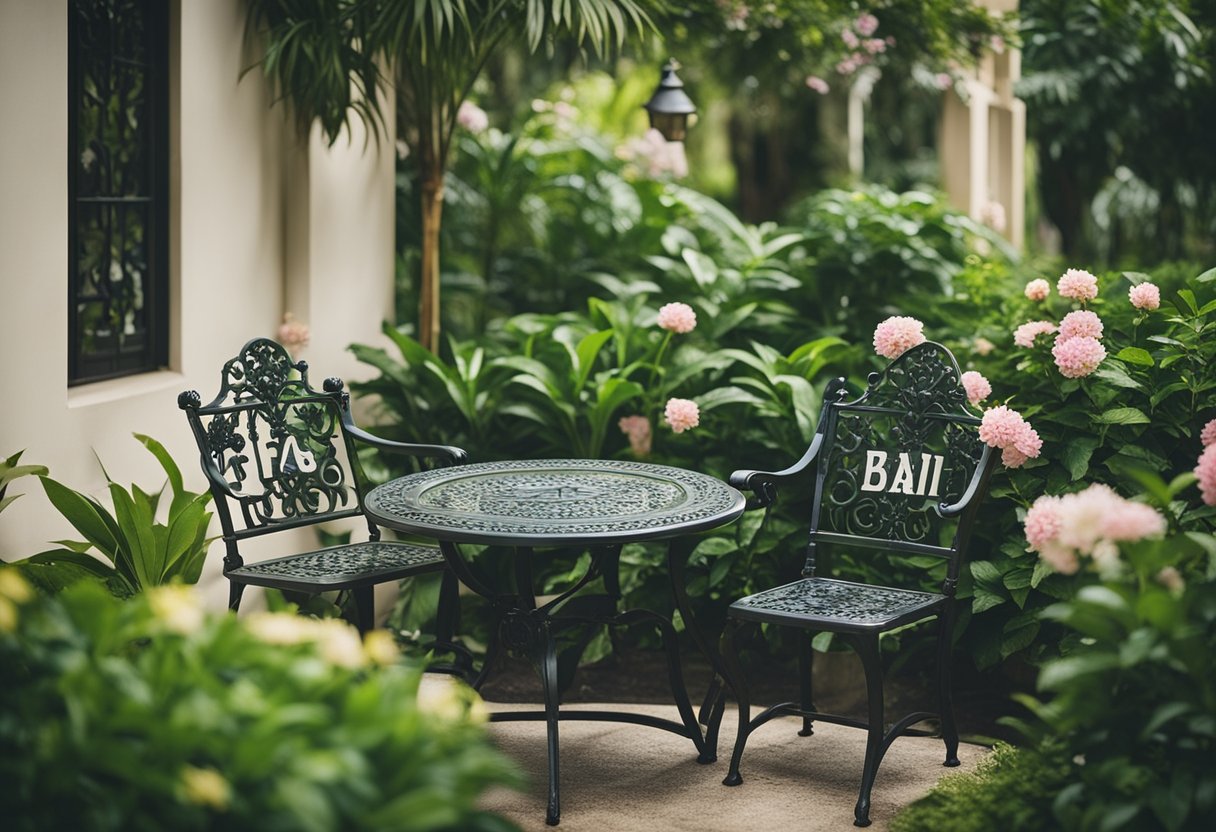 A serene garden setting with a cast iron table and chairs, surrounded by lush greenery and blooming flowers, with a sign reading "Frequently Asked Questions cast iron garden furniture Singapore."