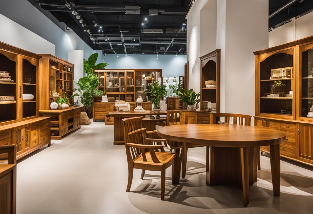 A showroom displaying high-quality Myanmar teak furniture in Singapore. Various pieces showcased with price tags and information. Bright and inviting atmosphere