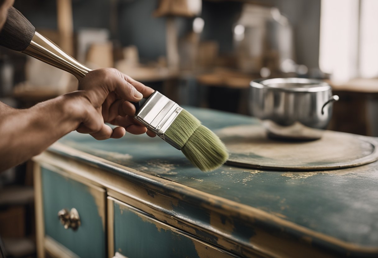 A professional painter carefully applies a fresh coat of paint to a worn-out piece of furniture, transforming it into a beautifully restored and vibrant focal point for any room