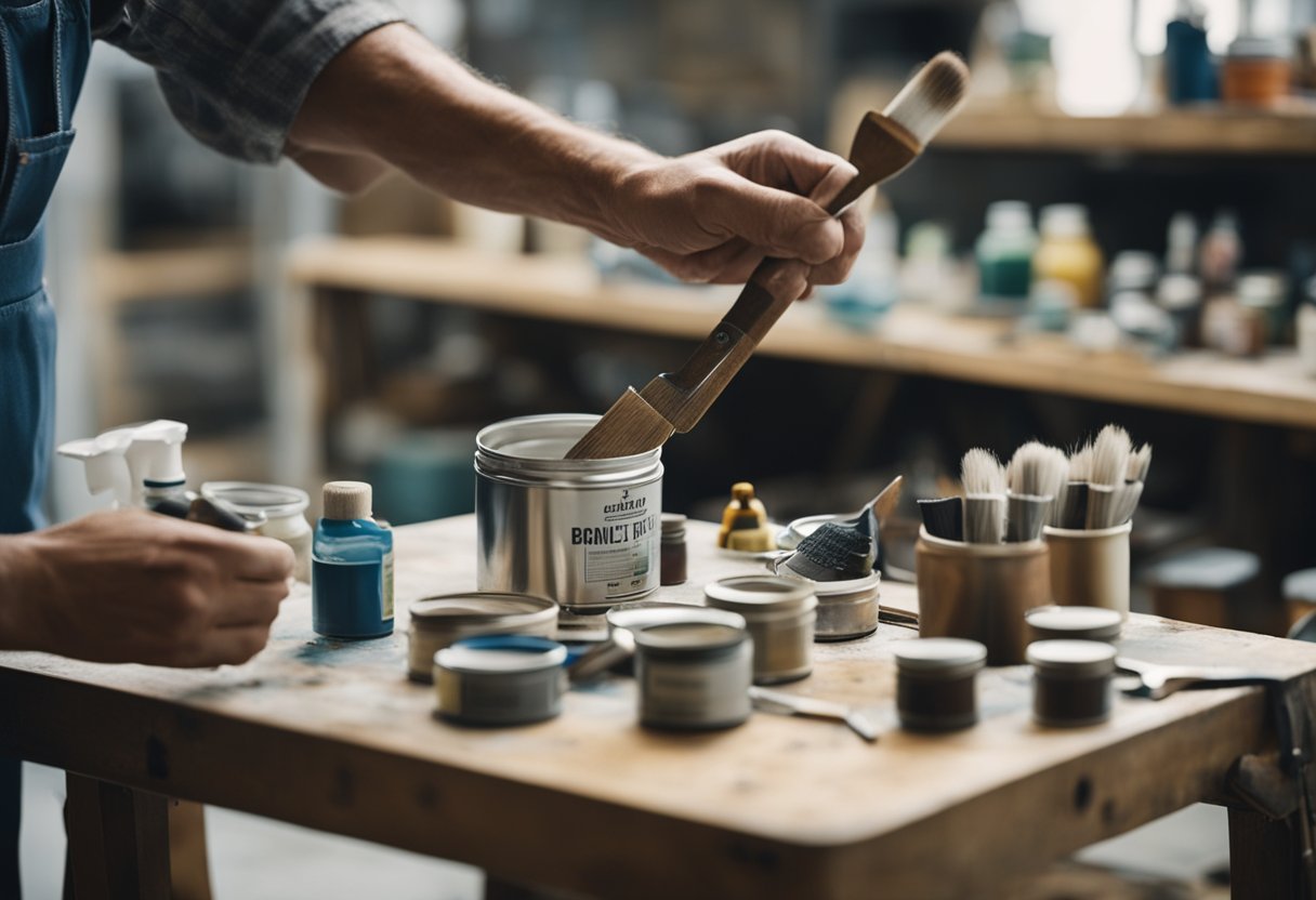 A professional painter carefully applies a fresh coat of paint to a vintage chair, surrounded by various painting supplies and tools in a well-lit workshop