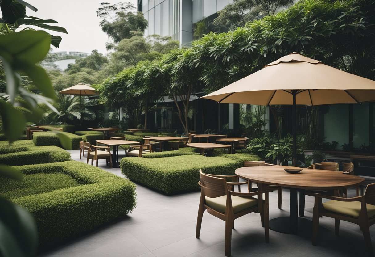 A serene garden with modern outdoor furniture in Singapore. Lush greenery surrounds sleek tables and chairs, creating a peaceful oasis