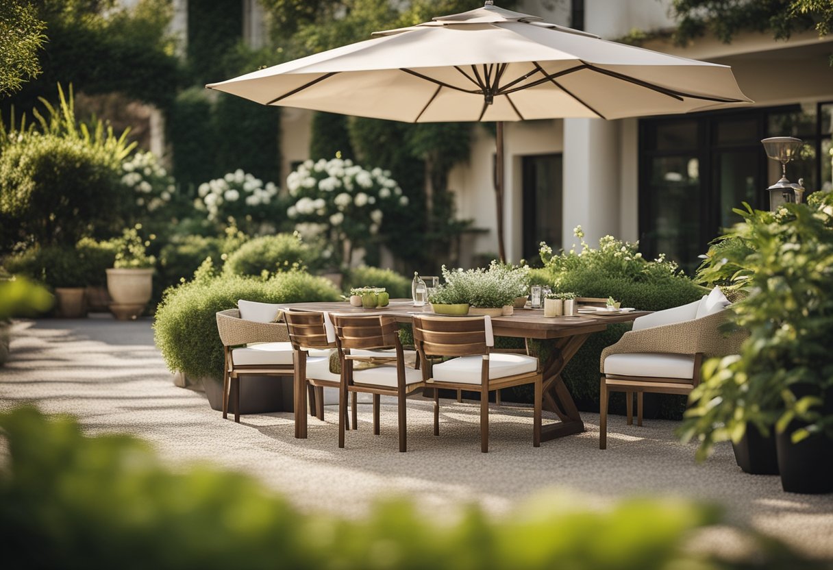 A lush garden setting with elegant outdoor furniture arranged in a stylish and inviting manner, showcasing the beauty and craftsmanship of Ohmm's collection