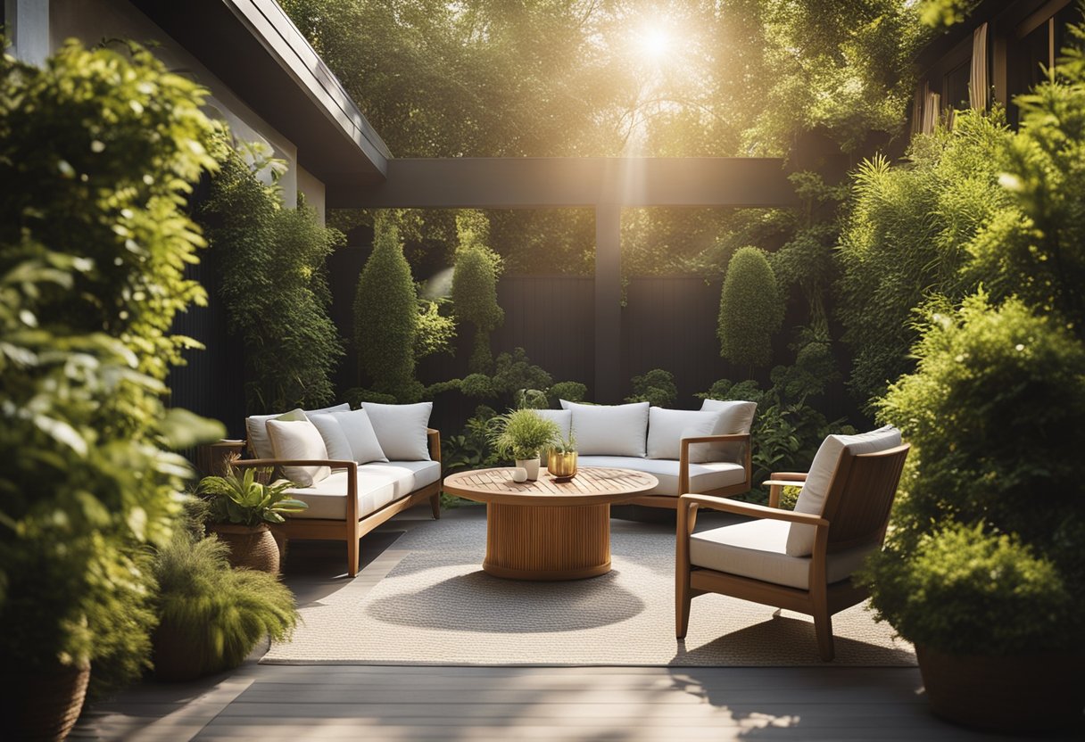 A serene outdoor space with Ohmm outdoor furniture, surrounded by lush greenery and bathed in warm sunlight, creating a tranquil and inviting atmosphere
