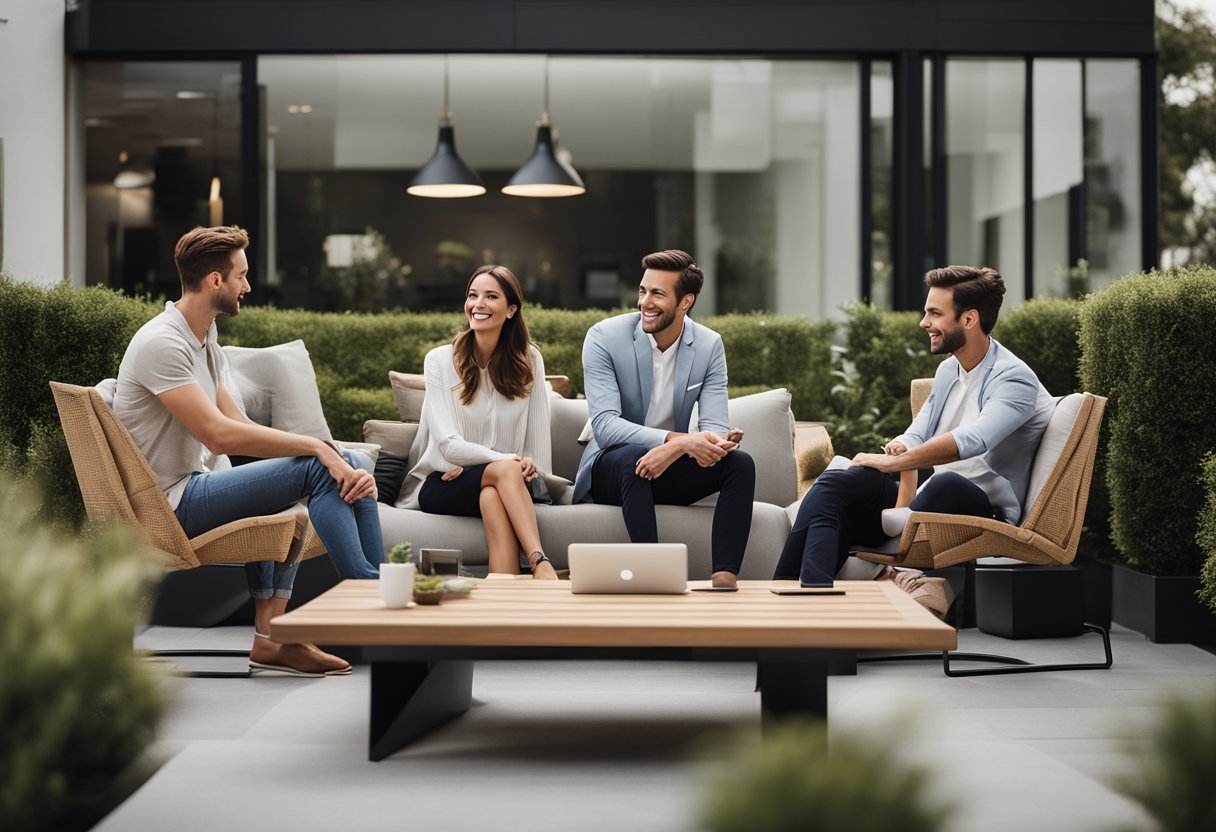 A group of people in a modern outdoor setting, surrounded by sleek and stylish furniture, engaged in conversation and interacting with the products