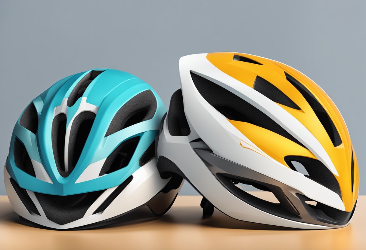 Two helmets side by side on a table, one sleek and aerodynamic for road biking, the other rugged and protective for mountain biking