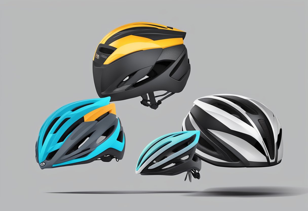 A road helmet and a mountain bike helmet sit side by side, showcasing their different safety features. The road helmet is sleek and aerodynamic, while the mountain bike helmet has a more rugged and durable appearance