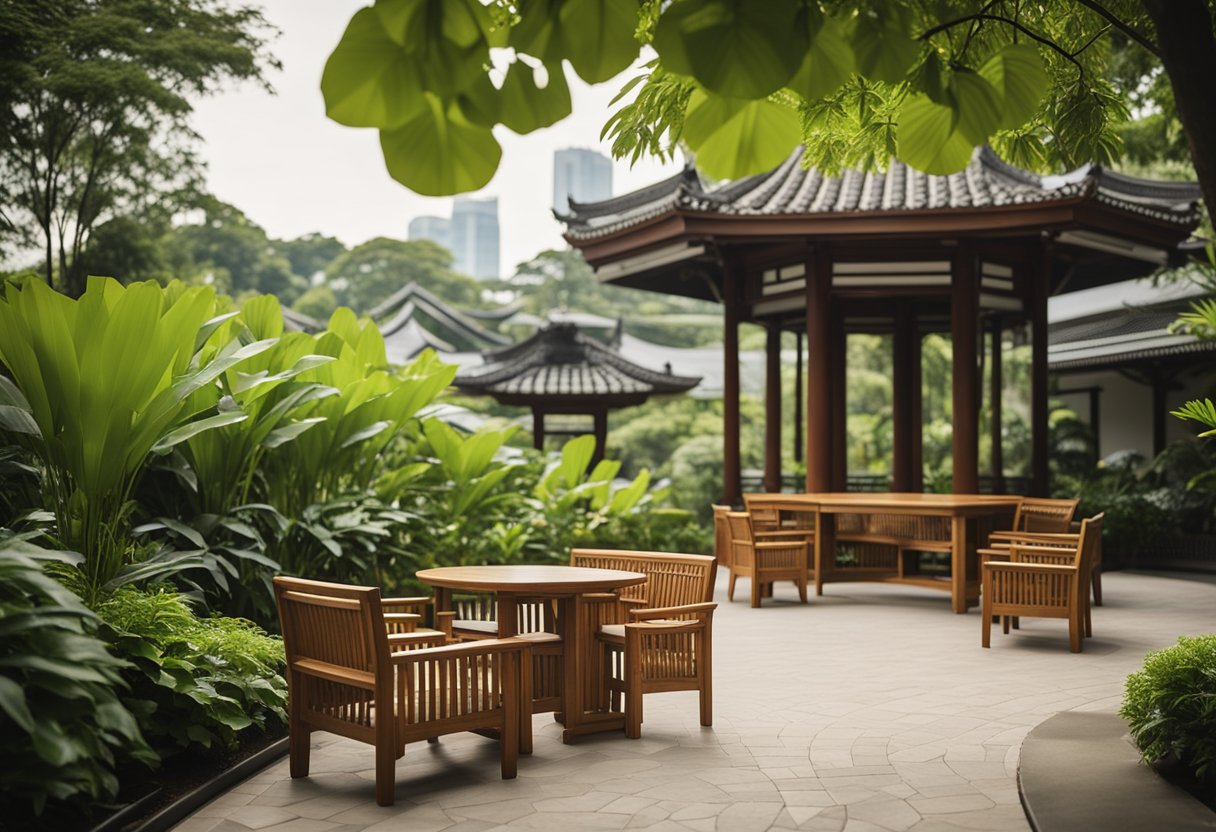 A serene garden with pagoda-style teak furniture in Singapore. Lush greenery surrounds the elegant wooden pieces, creating a peaceful and inviting atmosphere