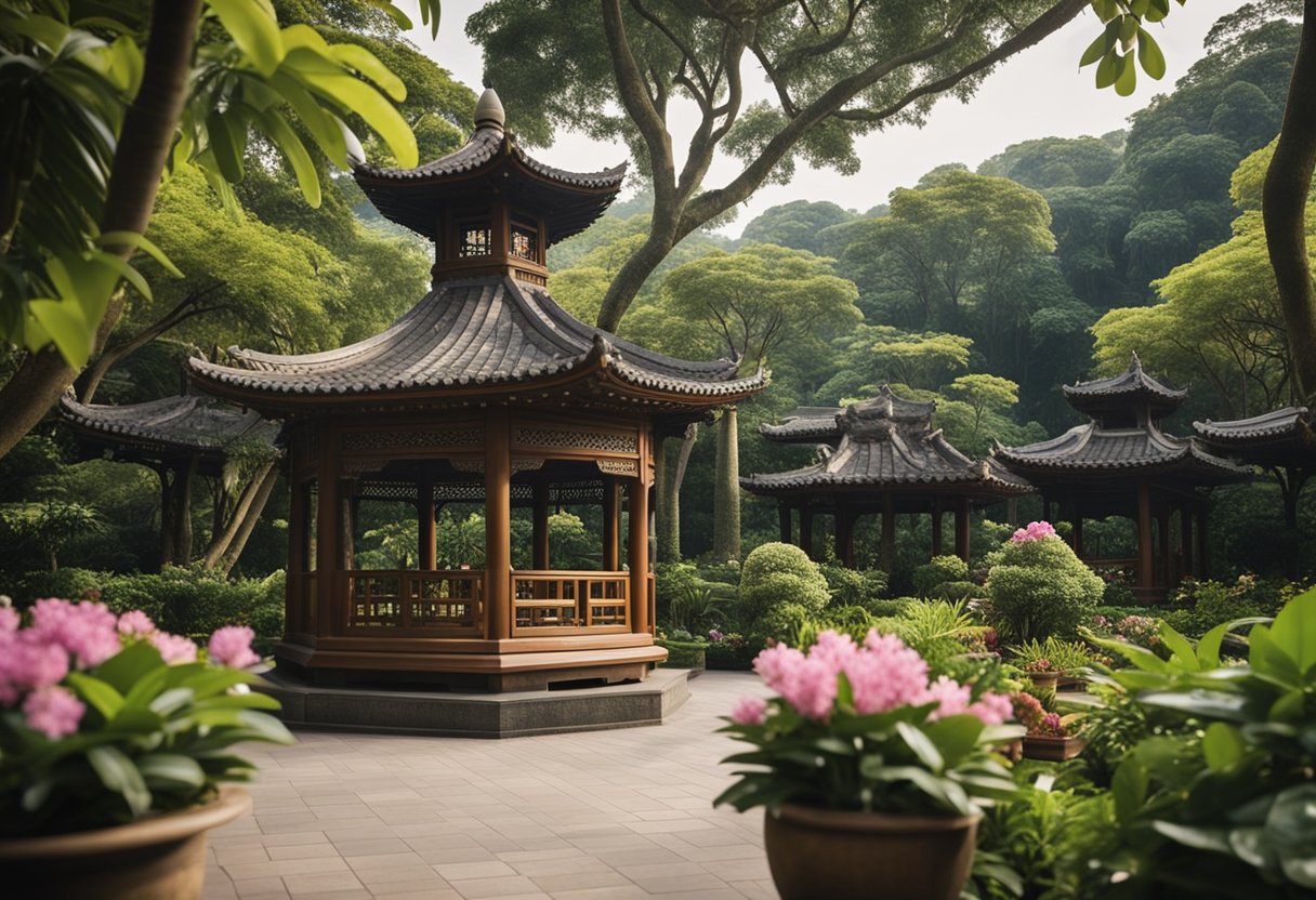 A serene garden setting with teak furniture arranged under a pagoda in Singapore, surrounded by lush greenery and blooming flowers