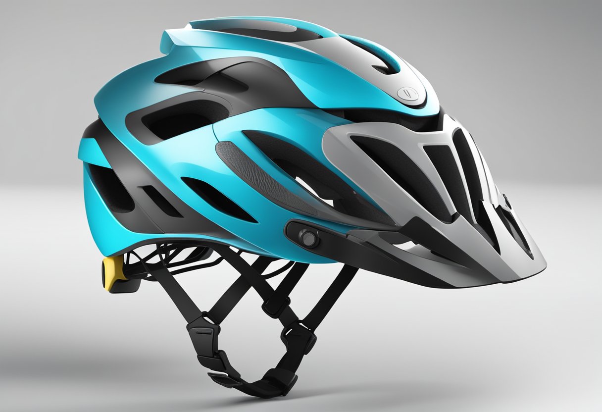 A biking helmet with aerodynamic design and adjustable straps sits on a table, with vents for airflow and a visor for sun protection