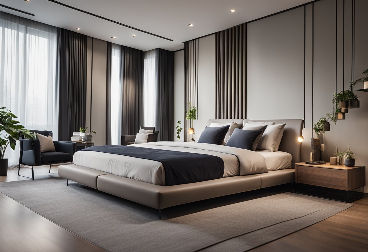 A sleek platform bed with clean lines and minimalistic design, set against a backdrop of modern furniture and decor in a stylish Singaporean home