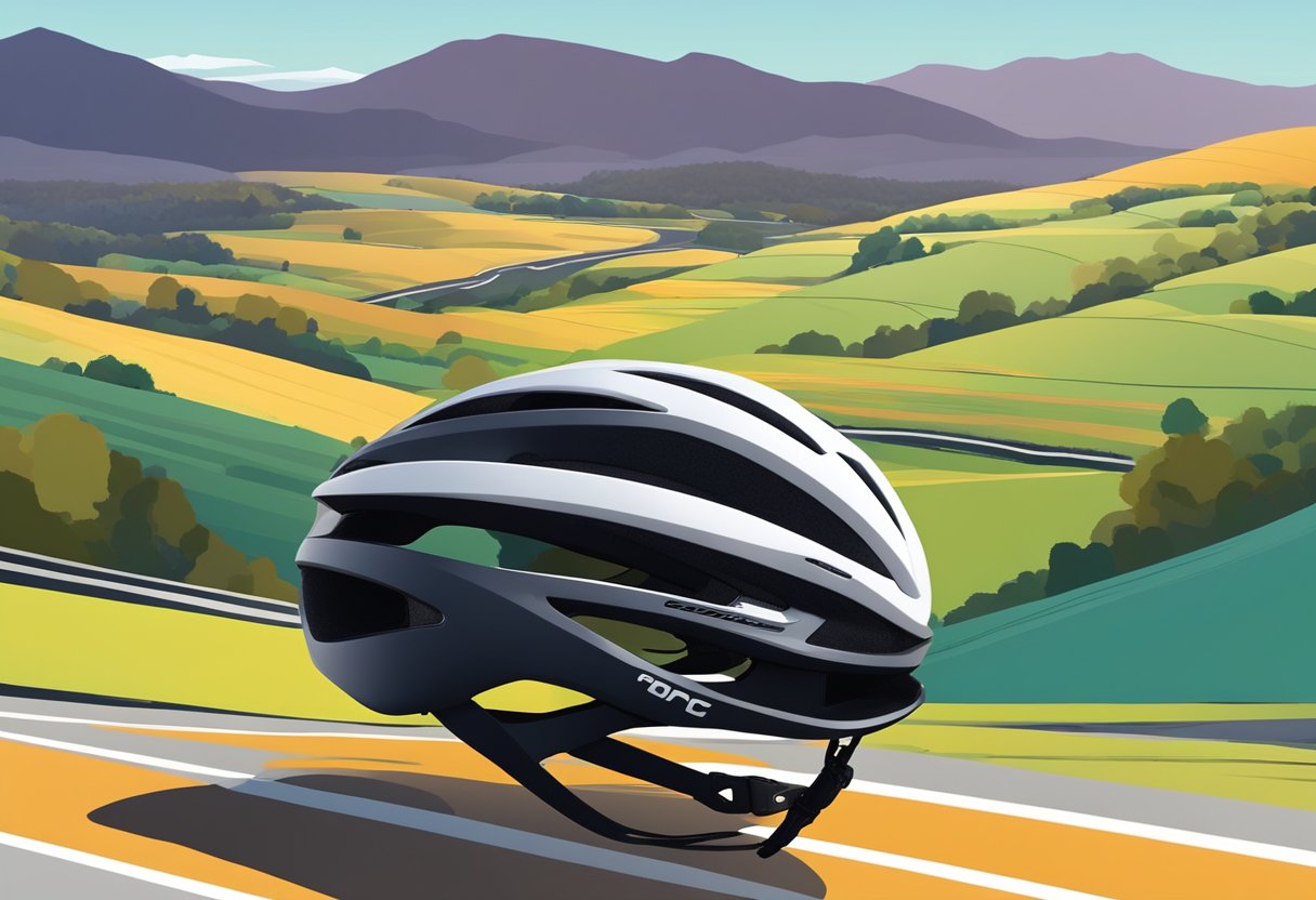 A POC road bike helmet sits on a sleek, aerodynamic road bike, with its lightweight and ventilated design highlighted against a backdrop of winding roads and scenic landscapes