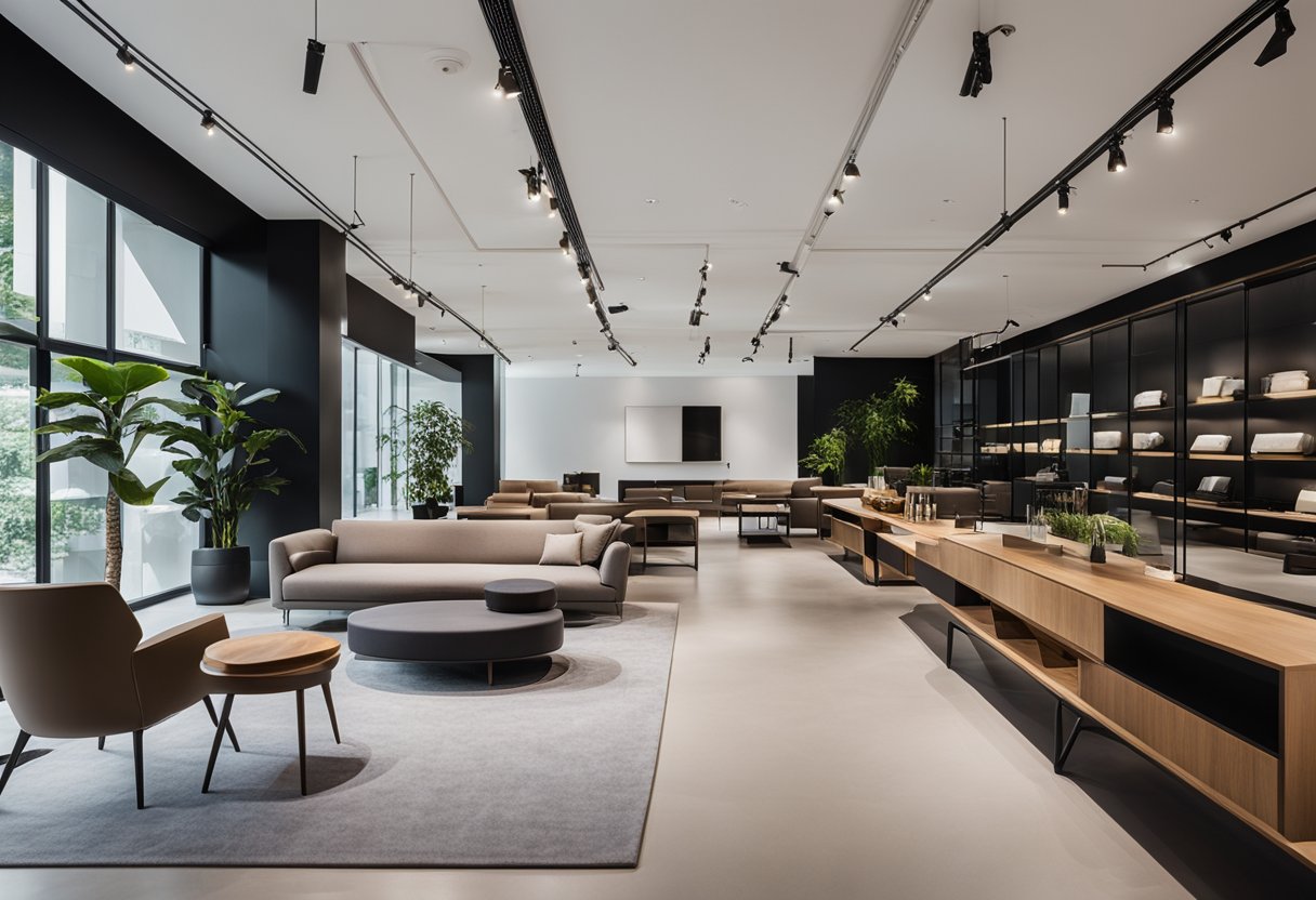 A modern, minimalist furniture showroom in Singapore, with sleek and stylish platform furniture neatly displayed, accompanied by a prominent "Frequently Asked Questions" sign