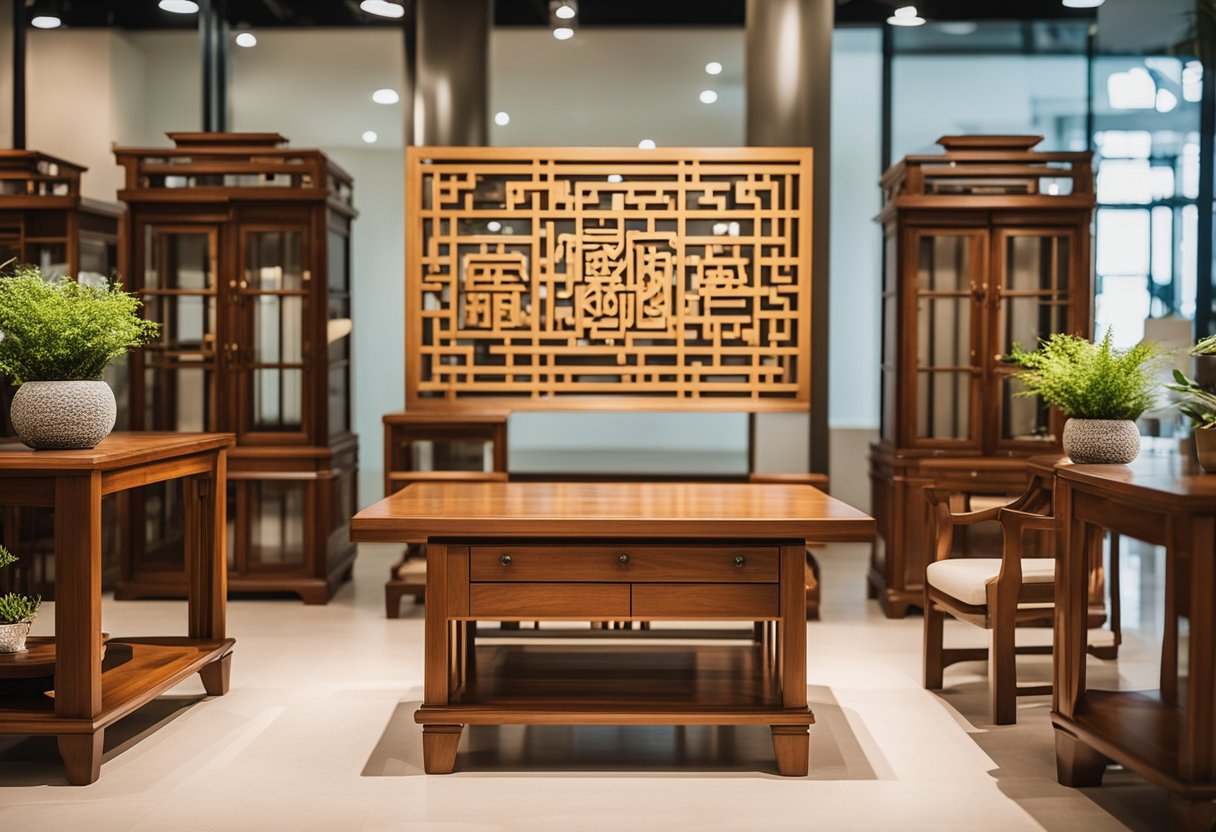 A pagoda-style teak furniture set displayed in a well-lit showroom in Singapore, with a sign reading "Frequently Asked Questions" prominently displayed