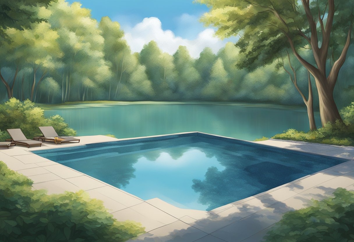 A poolcover sits tightly over the water, reflecting the surrounding trees and sky