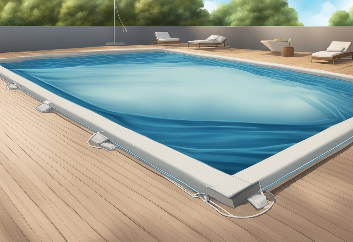 A pool cover floats on the water's surface, protecting the pool from debris and retaining heat. It is securely fastened around the edges to prevent it from being blown away by the wind
