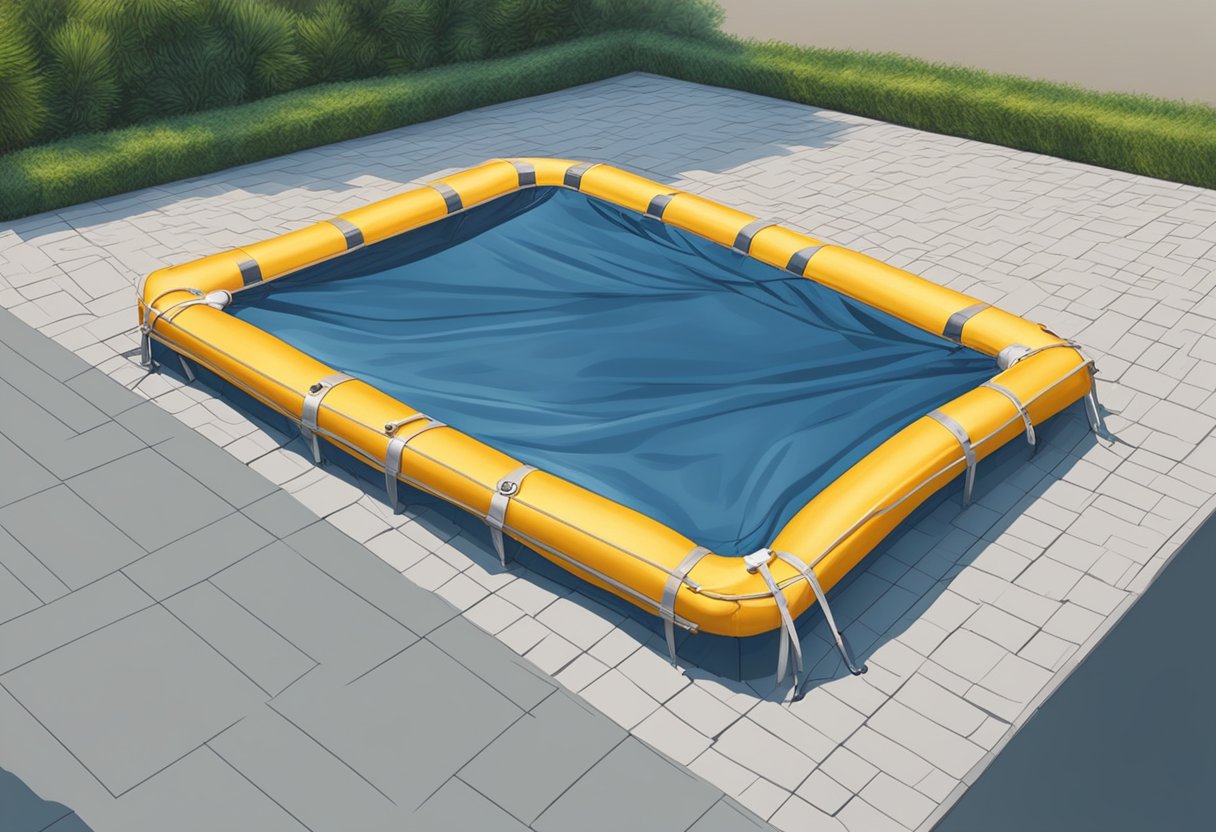 A pool cover lies flat over the water, protecting it from debris and retaining heat. The cover is secured with straps and floats on the surface