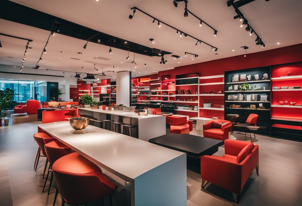 Vibrant Red Dot furniture store in Singapore. Modern designs, bold colors, sleek lines. Bright lighting, spacious layout