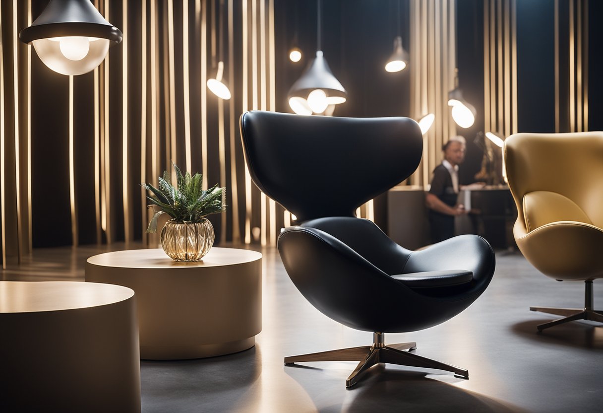 A sleek, modern chair sits in a spotlight, surrounded by other innovative furniture pieces. The room is filled with anticipation and excitement as designers and judges mingle, discussing the latest trends in furniture design