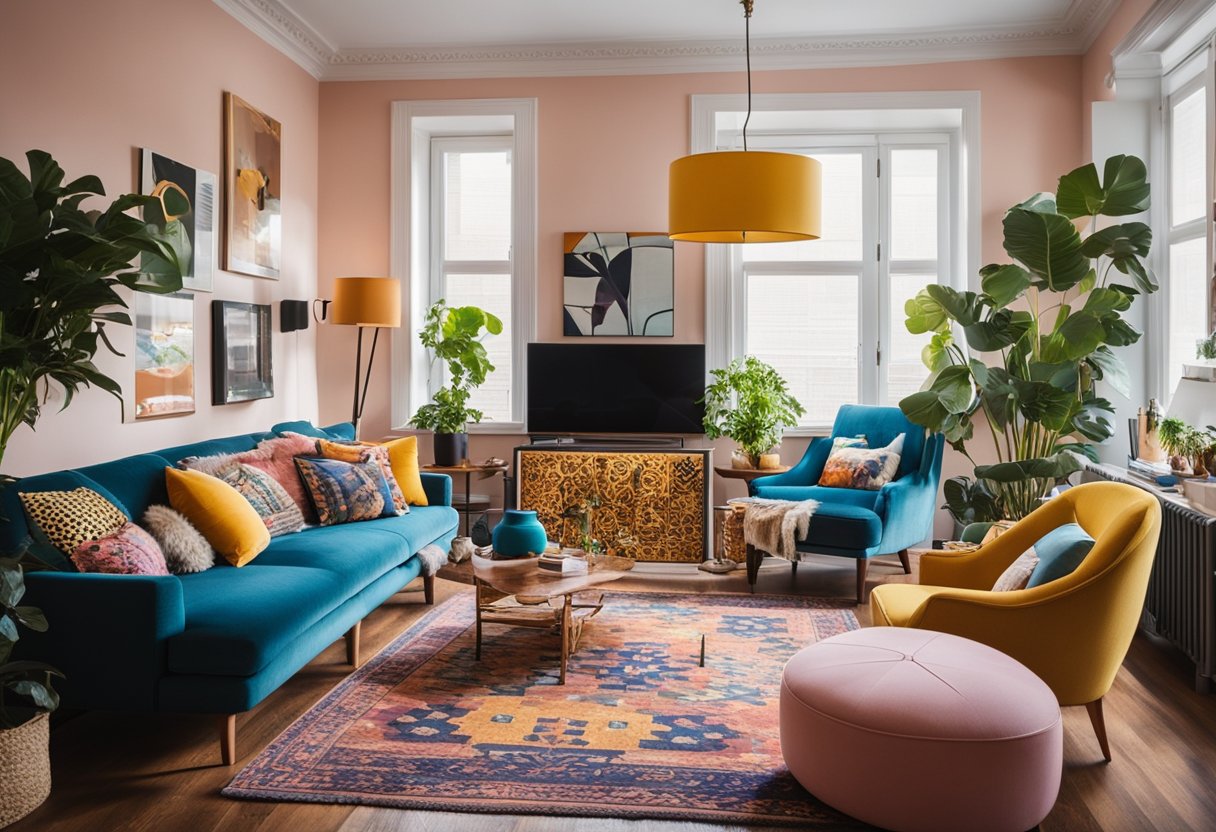 A colorful, eclectic living room with mismatched furniture, bold patterns, and quirky decor. Bright light streams in through large windows, casting playful shadows on the walls