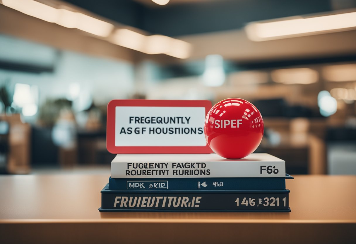 A red dot over a stack of furniture with a "Frequently Asked Questions" sign in a Singapore showroom