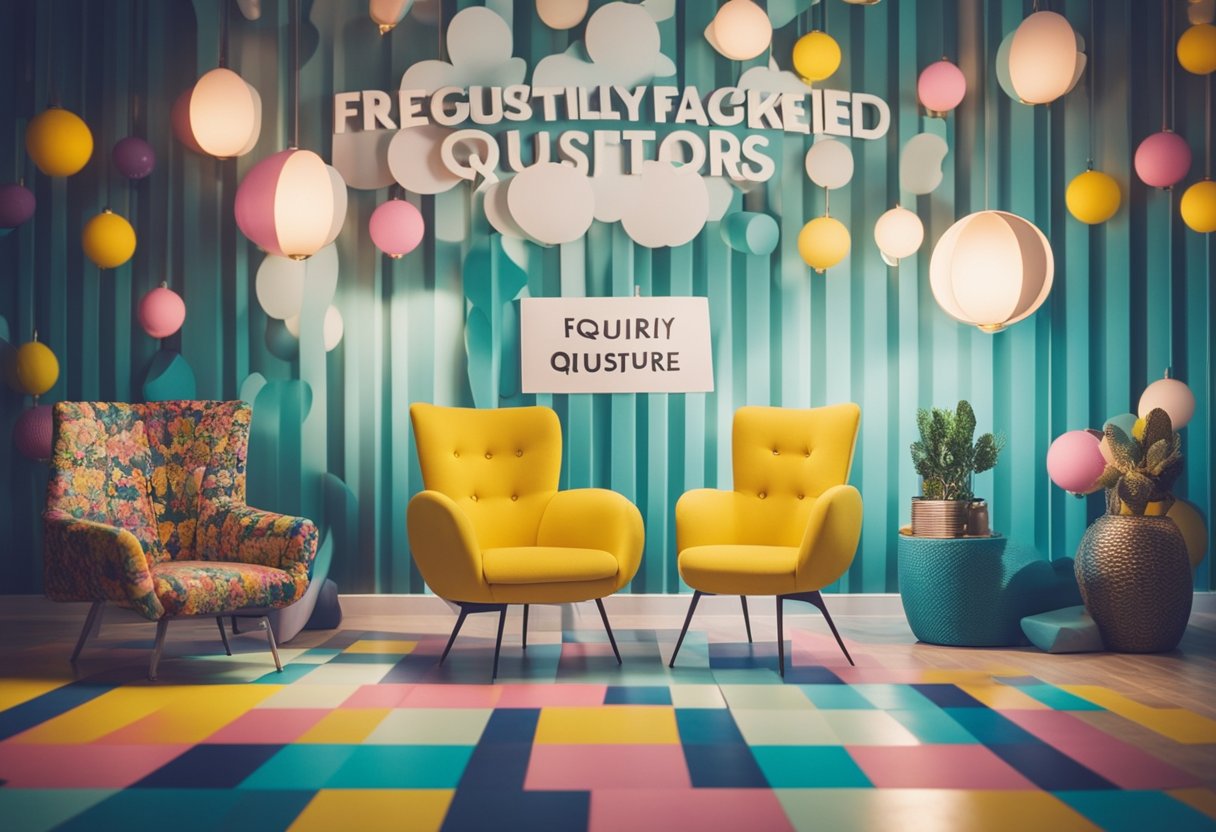 A colorful room with unique, whimsical furniture pieces. A sign reads "Frequently Asked Questions quirky furniture singapore."