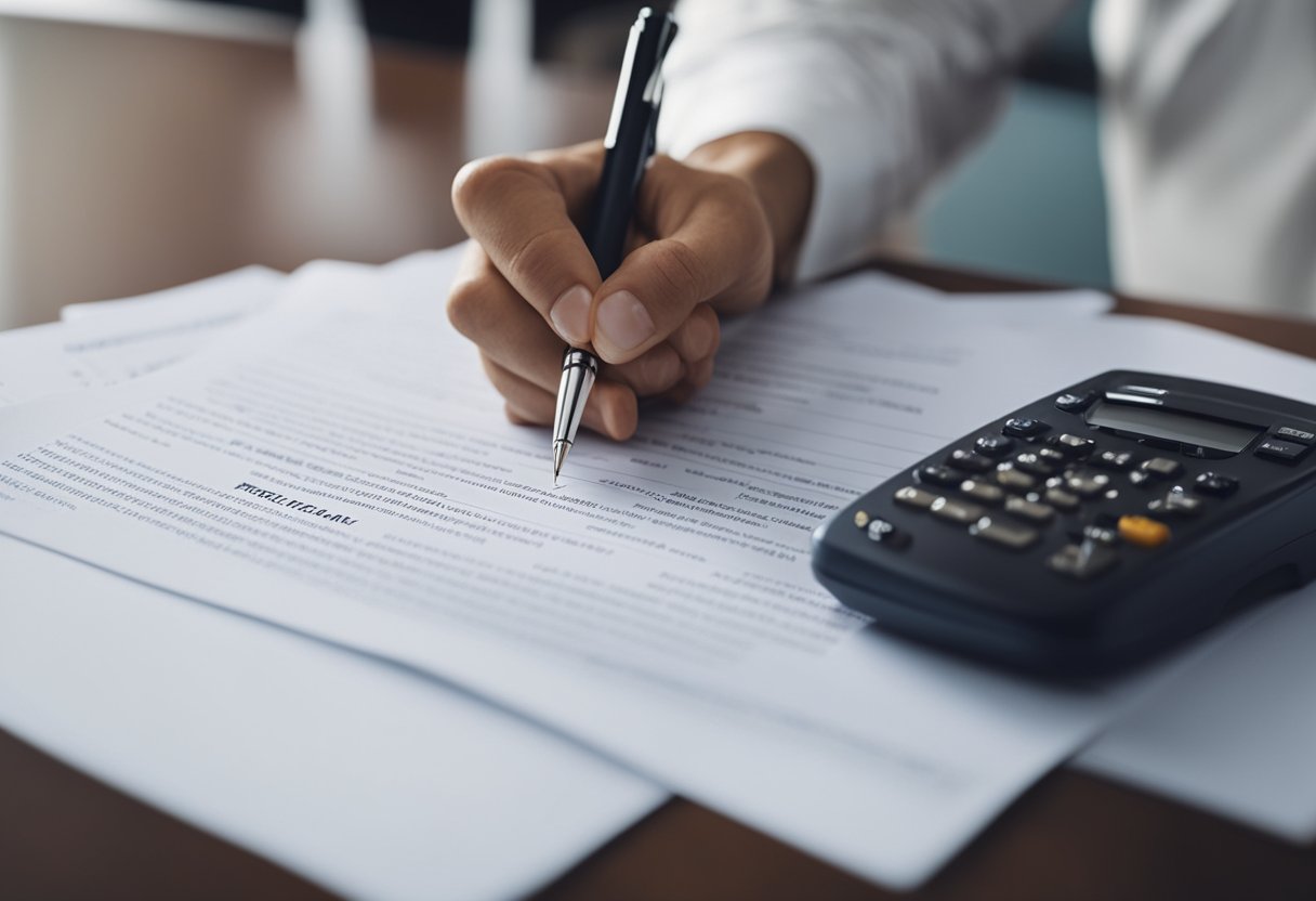 A person signing a rental agreement with a stack of papers and a pen on a table, with a rental agent explaining terms