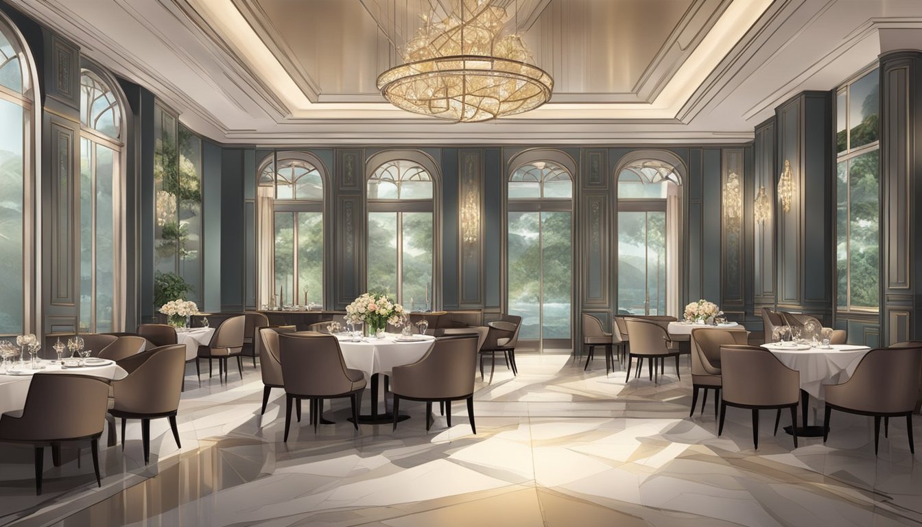 The elegant interior of Valentino Restaurant in Singapore, with luxurious decor and ambient lighting, creates a sophisticated and inviting atmosphere