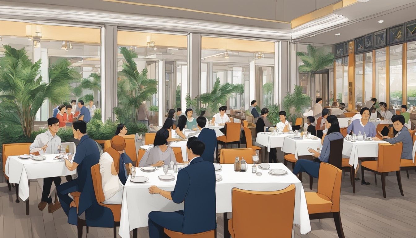 The bustling Valentino restaurant in Singapore, with diners enjoying their meals and staff busy attending to customers' needs