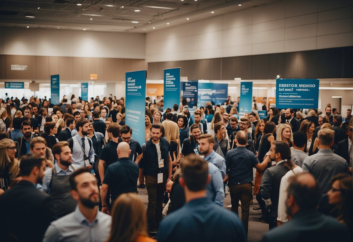 A crowded job fair with banners advertising "Best Retail Talent" and eager job seekers networking with employers