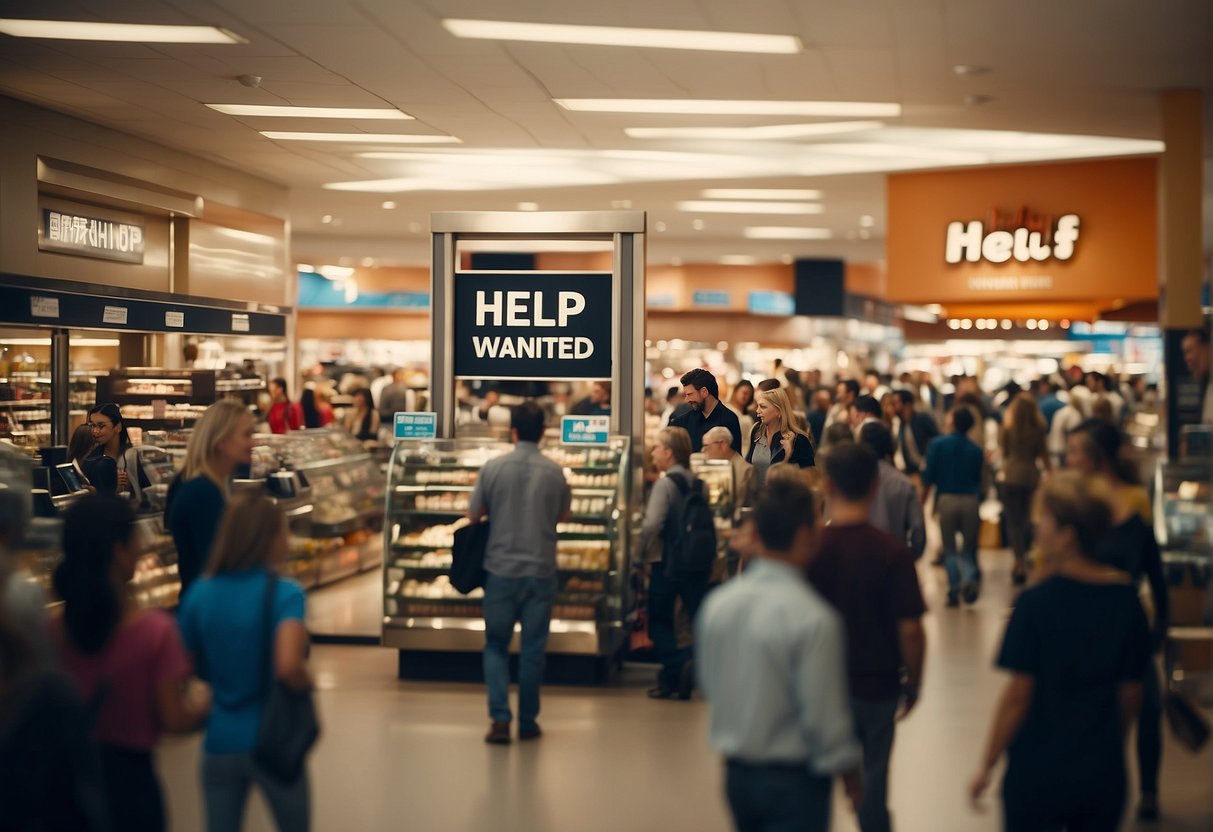 A retail store with a "Help Wanted" sign, surrounded by bustling shoppers and potential job candidates