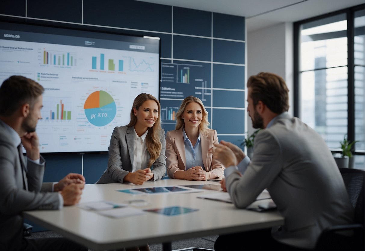 A group of retail professionals brainstorming recruitment strategies in a modern office setting with charts and graphs on the wall