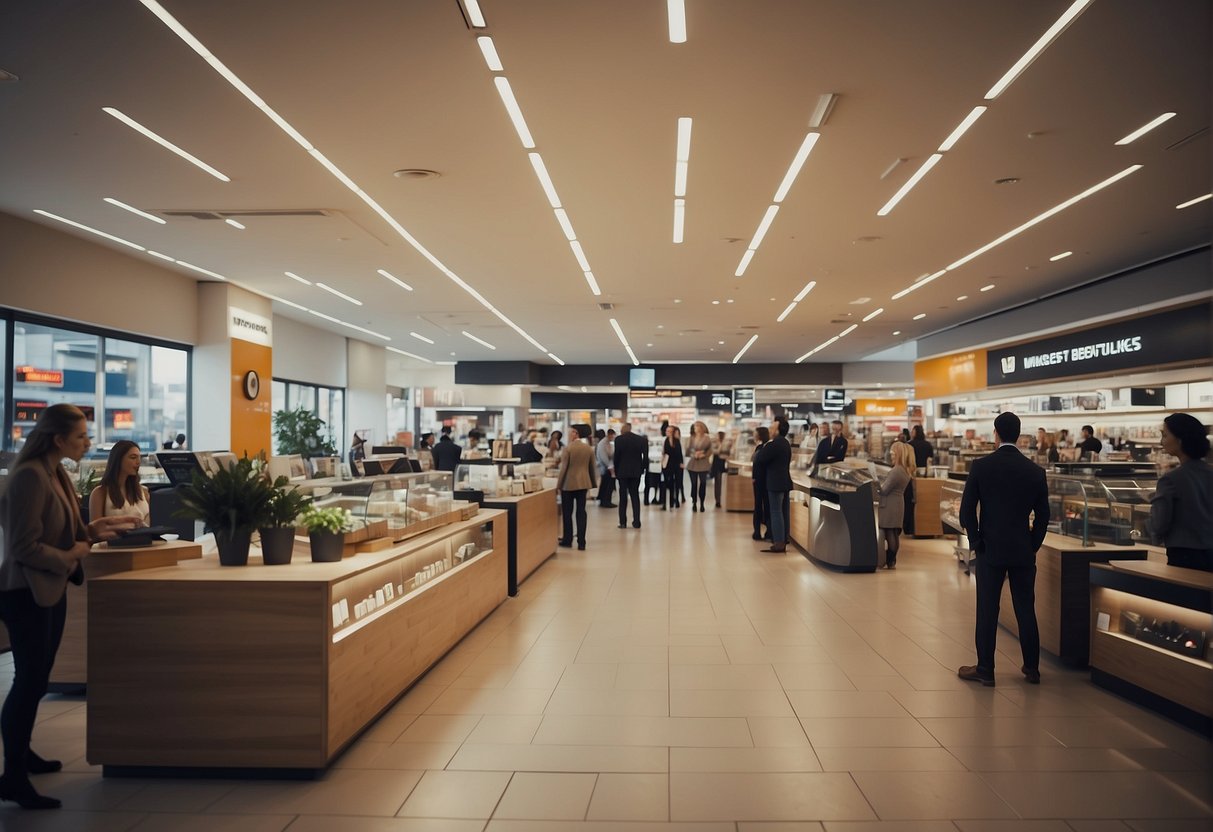 A bustling retail store with job applicants being interviewed by a panel of professionals. Bright signage and a welcoming atmosphere convey a sense of opportunity and growth