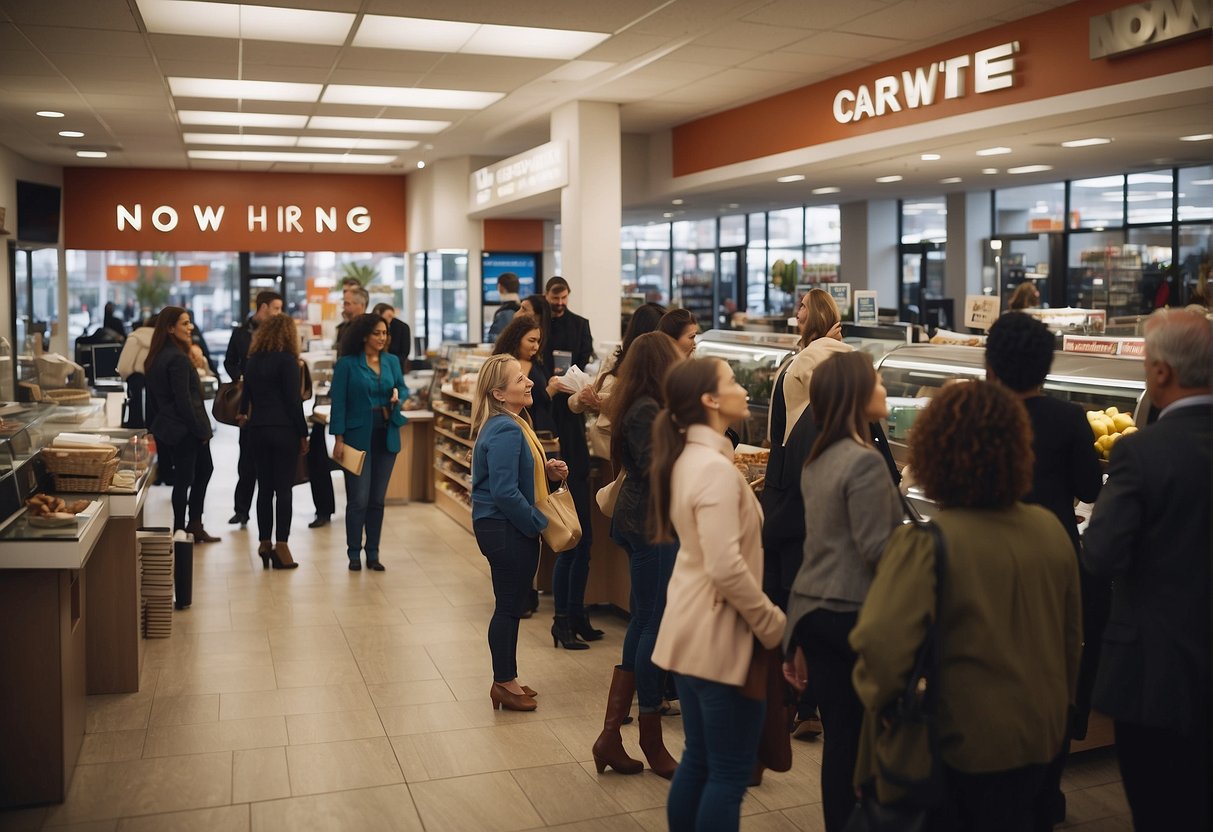 A bustling retail store with a "Now Hiring" sign prominently displayed. A line of eager job seekers wait outside, while inside, the manager interviews potential candidates