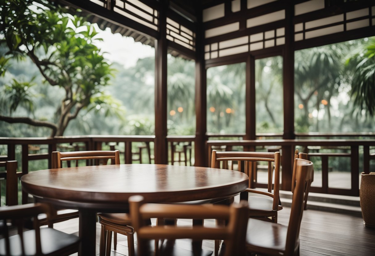 A traditional Chinese wooden table and chairs in a serene Singaporean setting