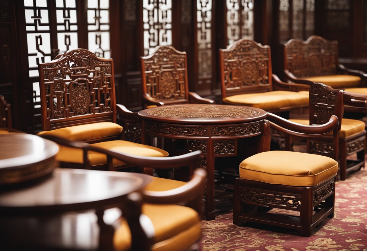 A room filled with traditional Chinese furniture, including ornate wooden chairs, intricately carved tables, and elegant silk cushions. Rich colors and intricate designs adorn the pieces, creating a sense of opulence and cultural heritage