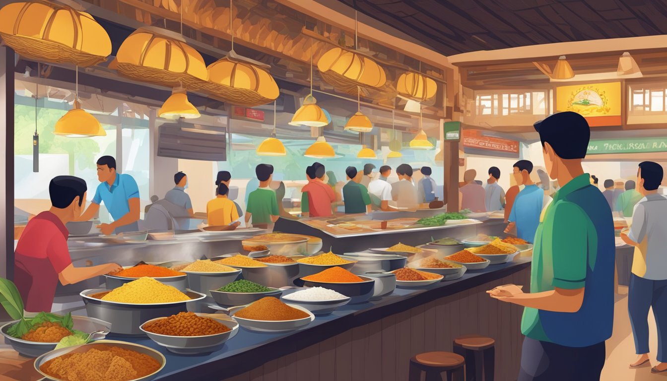 A bustling nasi kandar restaurant, filled with the aroma of spices and sizzling food. Colorful plates of curry and rice line the counter, while customers eagerly queue up for their meal