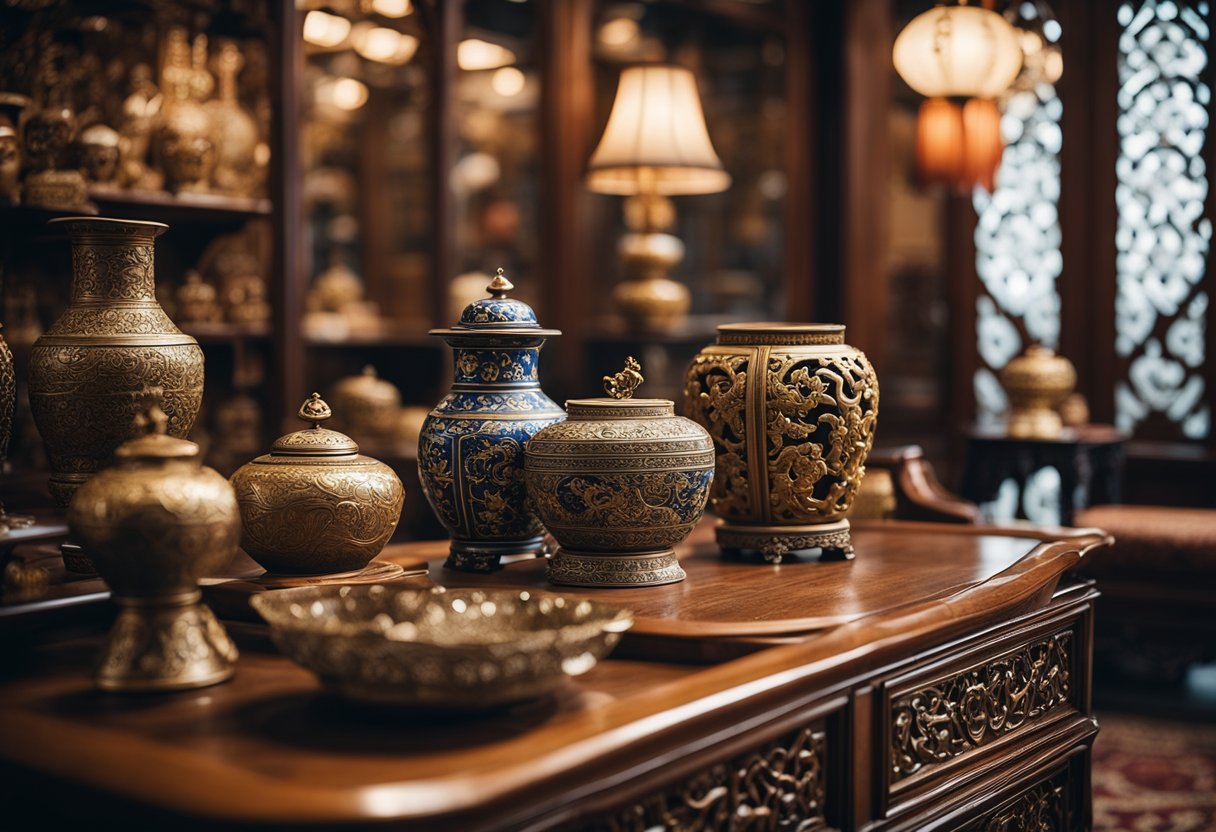 A traditional Chinese furniture store with ornate wooden pieces, intricate carvings, and elegant silk upholstery. Rich colors and detailed craftsmanship create a sense of timeless beauty