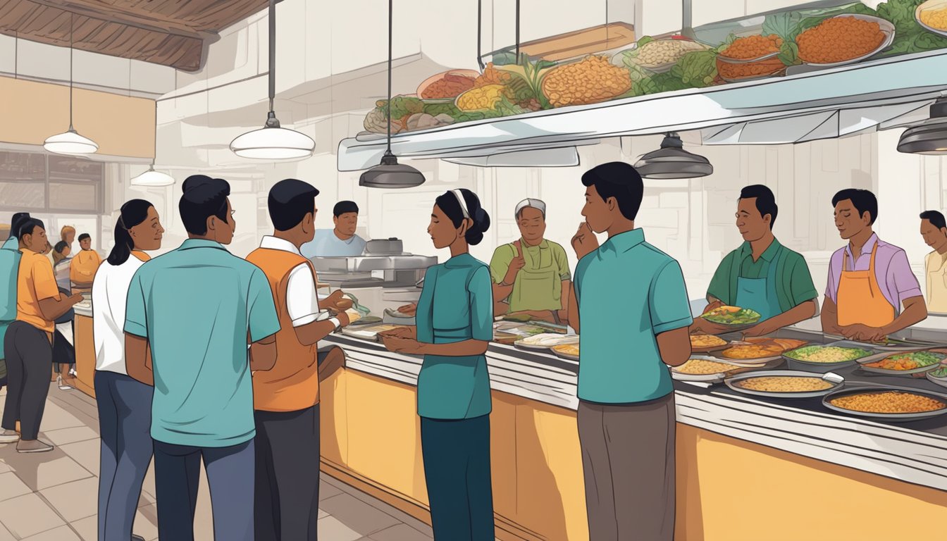Customers line up at the counter, pointing at the menu. A server dishes out steaming plates of nasi kandar while others chat and dine at tables