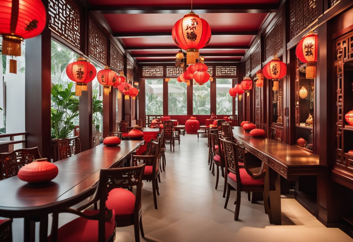 A traditional Chinese-style furniture showroom in Singapore, featuring ornate wooden chairs, tables, and cabinets. Red lanterns hang from the ceiling, casting a warm glow over the elegant pieces