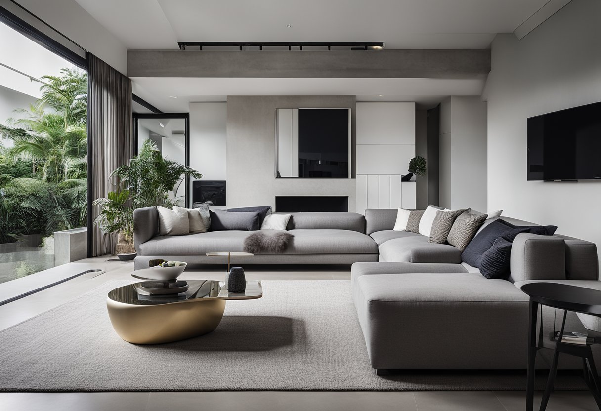 A modern living room with sleek concrete furniture in Singapore. Clean lines and minimalist design create a contemporary space