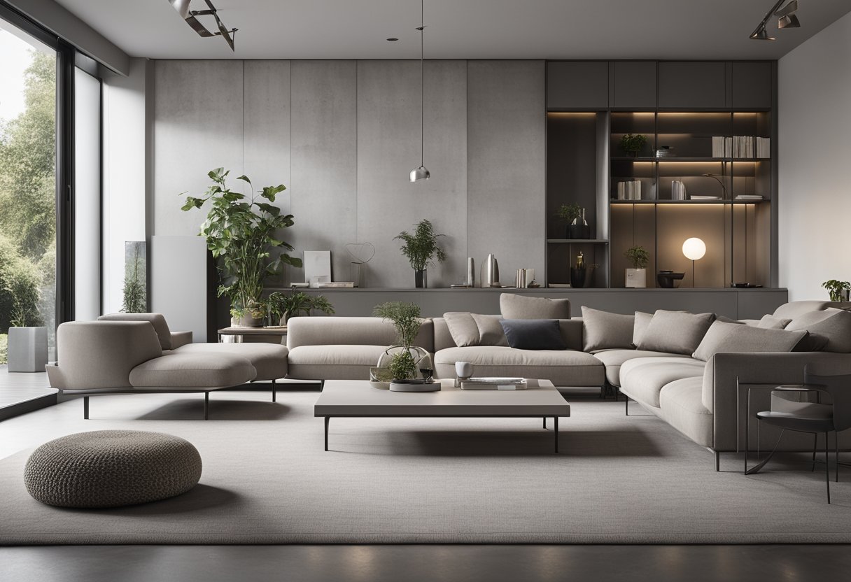 A modern living room with sleek concrete furniture and minimalist design. Clean lines and neutral colors create a contemporary and stylish aesthetic